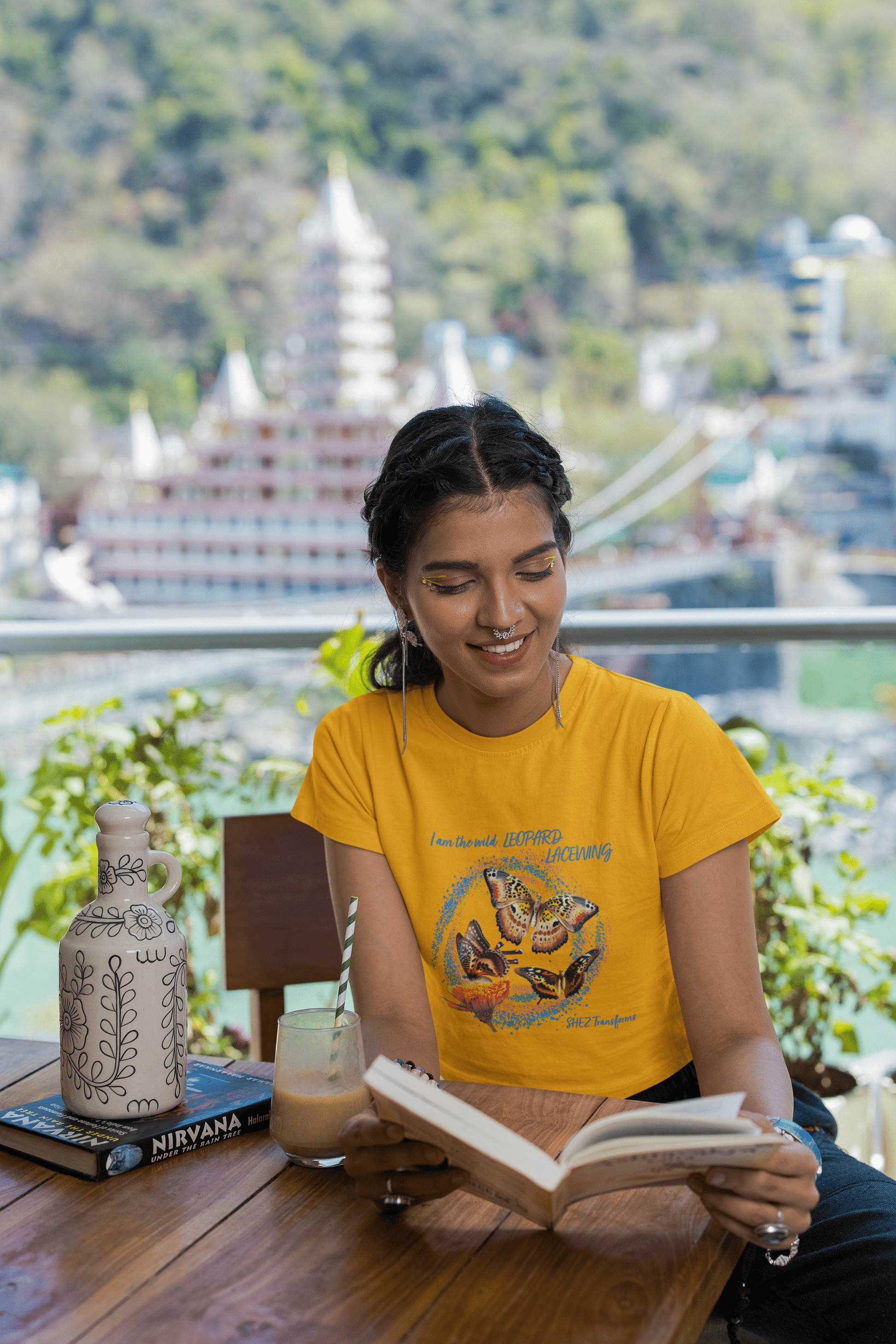 Shez Transforms Golden Yellow Leopard Lacewing Oversized women Tshirts & Women Tops, Size : S , M, L, XL, 2XL, 3XL, 4XL, 5XL, Model Reading View