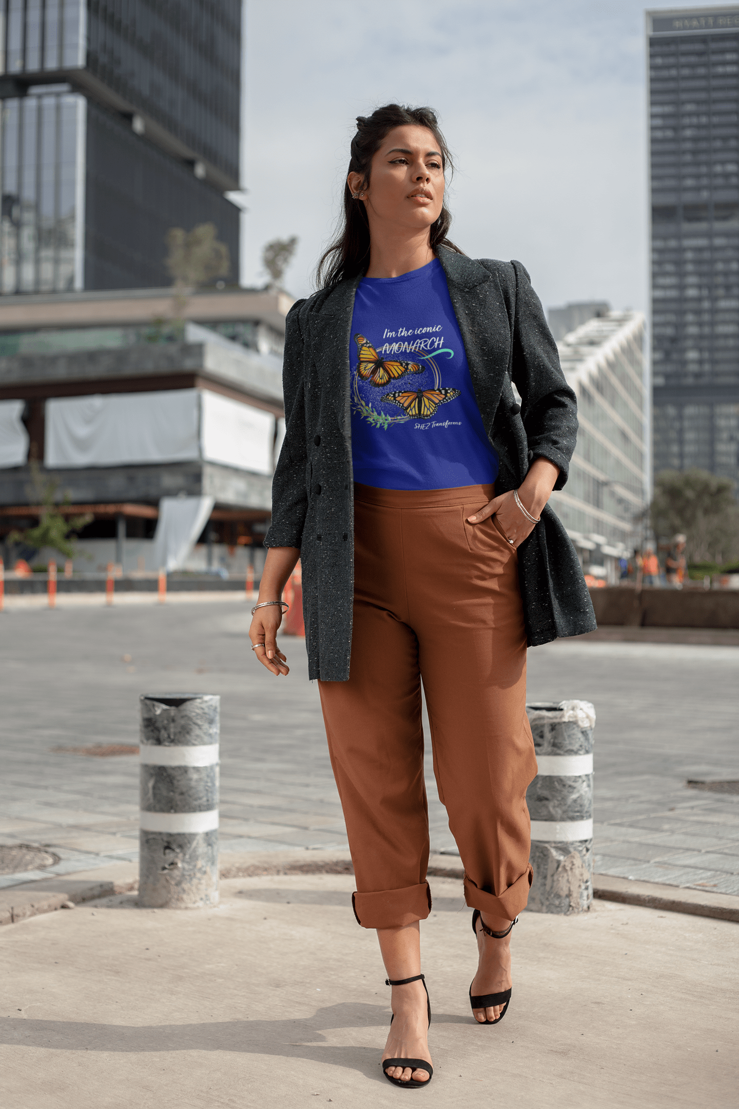 Shez Transforms Monarch Royal Blue Oversized women Tshirts & Women Tops, Size : S , M, L, XL, 2XL, 3XL, 4XL, 5XL, Model Walking in JAcket View