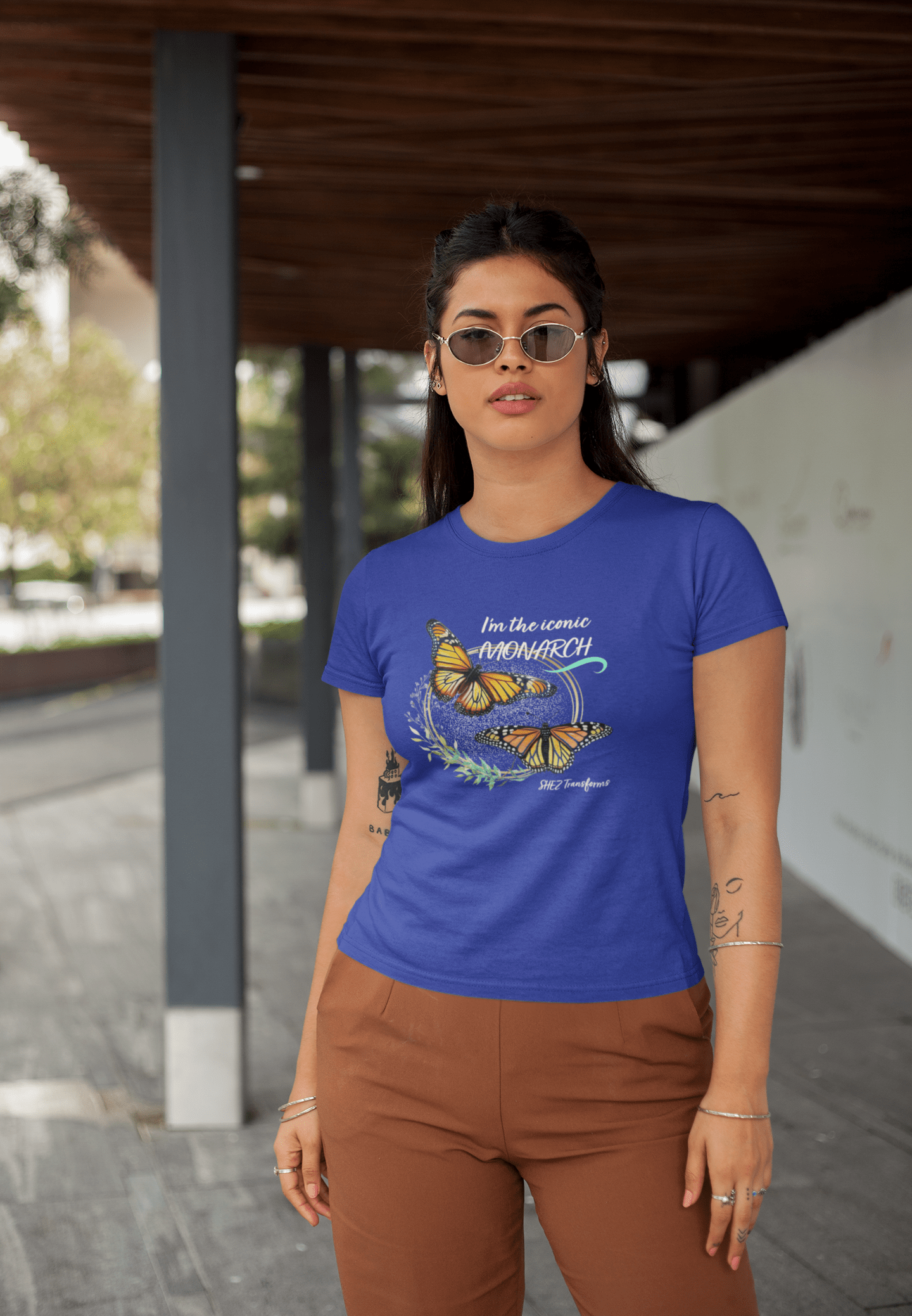Shez Transforms Monarch Royal Blue Oversized women Tshirts & Women Tops, Size : S , M, L, XL, 2XL, 3XL, 4XL, 5XL, Model Walking in Goggles View