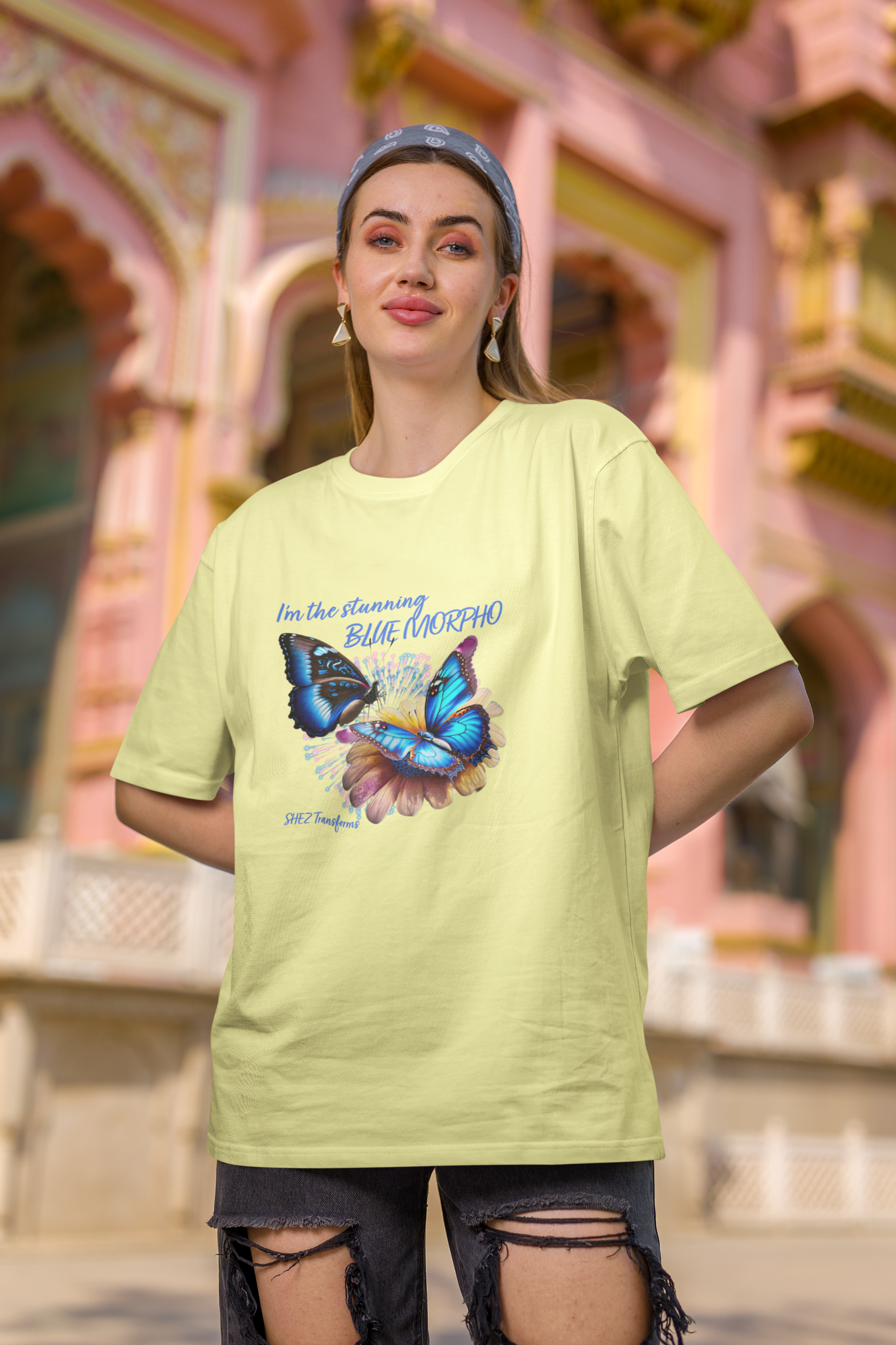 Shez Transforms Blue Morpho Butter Yellow Oversized Women Tshirts, Size : S , M, L, XL, 2XL, 3XL, 4XL, 5XL, Model Posing Front View 