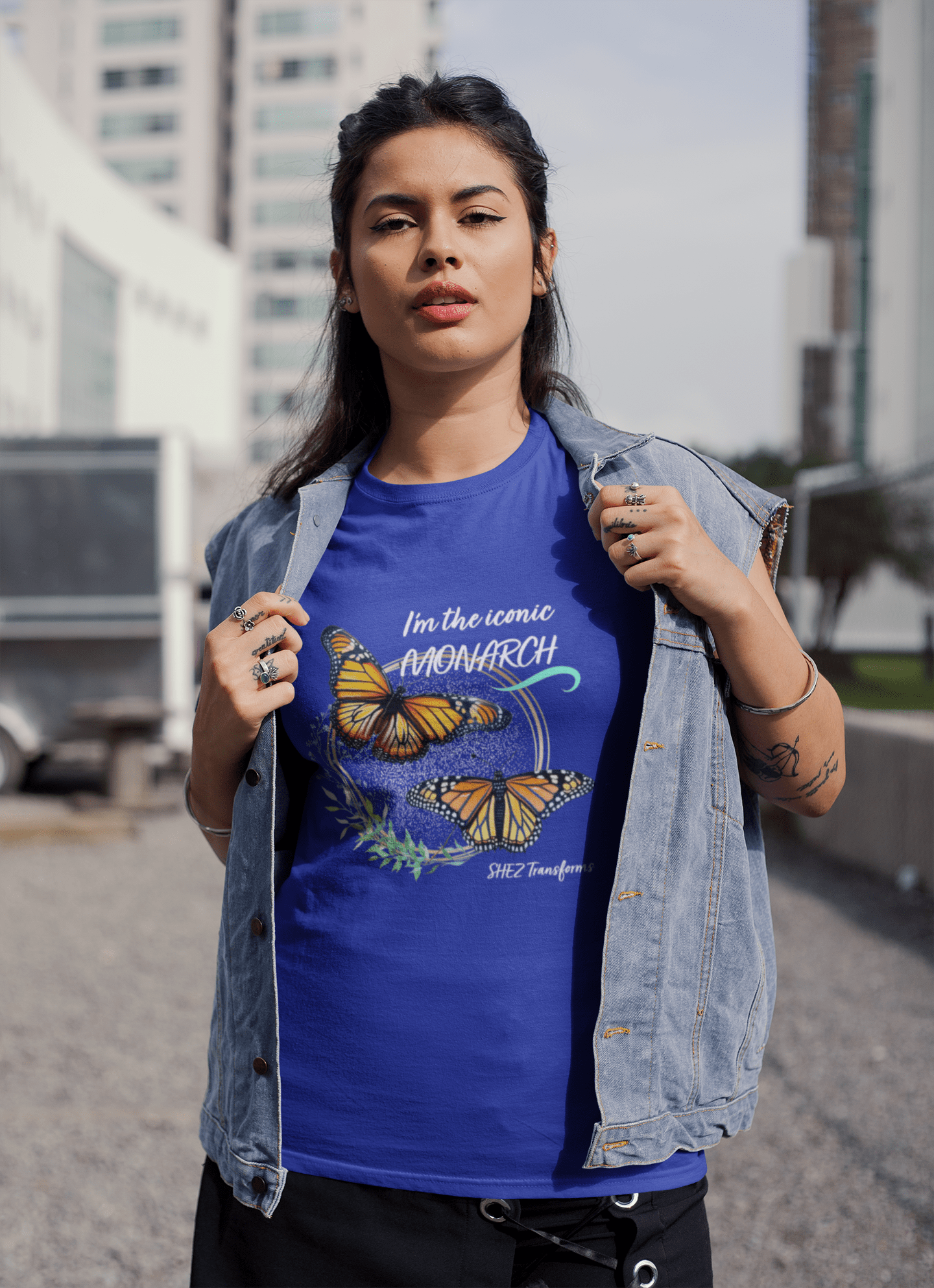 Shez Transforms Monarch Royal Blue Oversized women Tshirts & Women Tops, Size : S , M, L, XL, 2XL, 3XL, 4XL, 5XL, Model Walking in sleevless jacketView