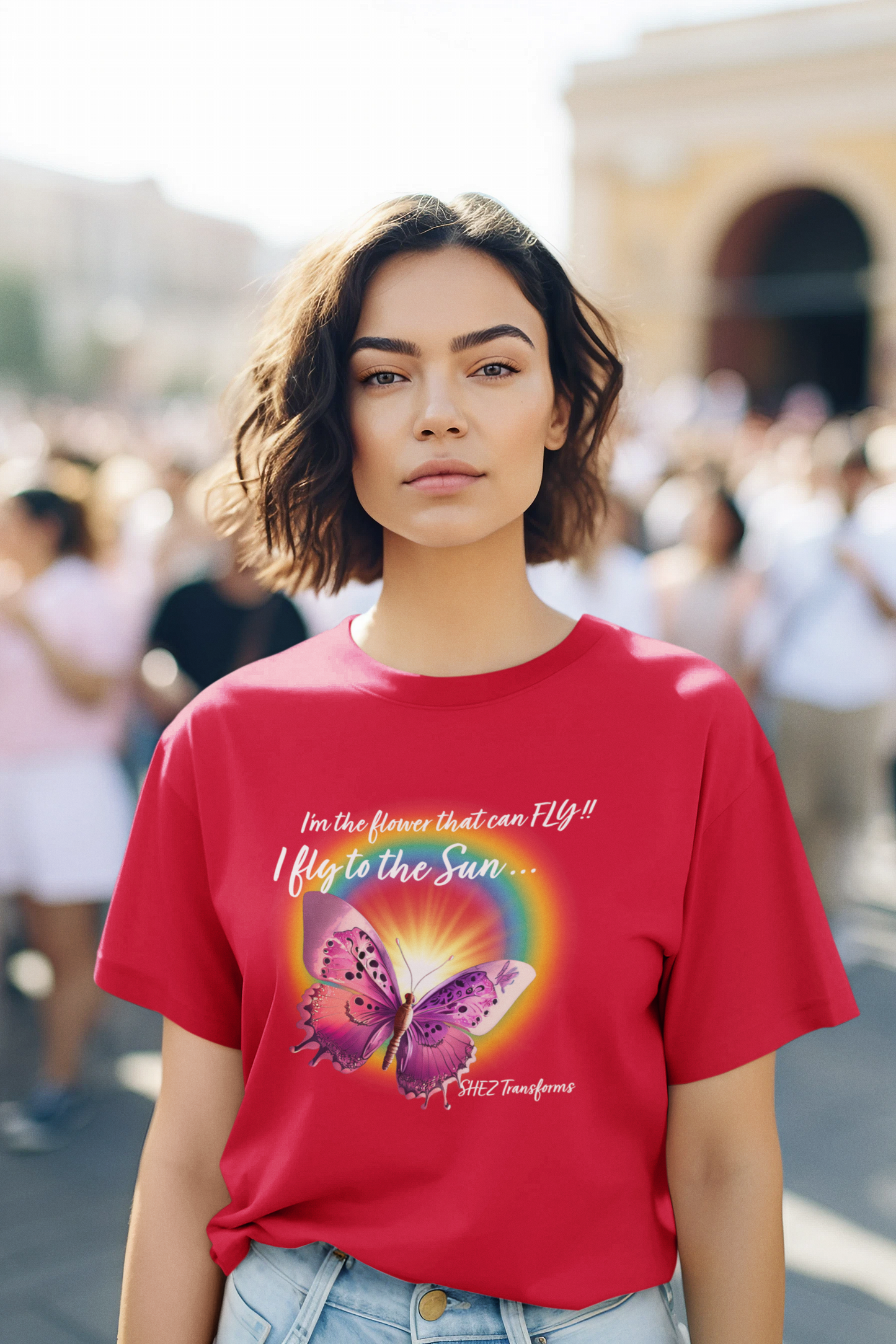 Shez Transforms I Fly to the Sun Red  Over sized women Tshirts, Size : S , M, L, XL, 2XL, 3XL, 4XL, 5XL, Stylish Model Front view