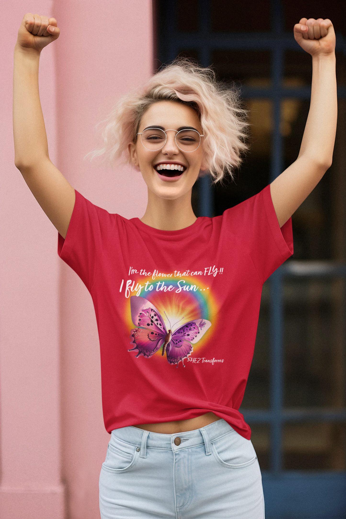 Shez Transforms I Fly to the Sun Red  Over sized women Tshirts, Size : S , M, L, XL, 2XL, 3XL, 4XL, 5XL, Smiling Model Front view