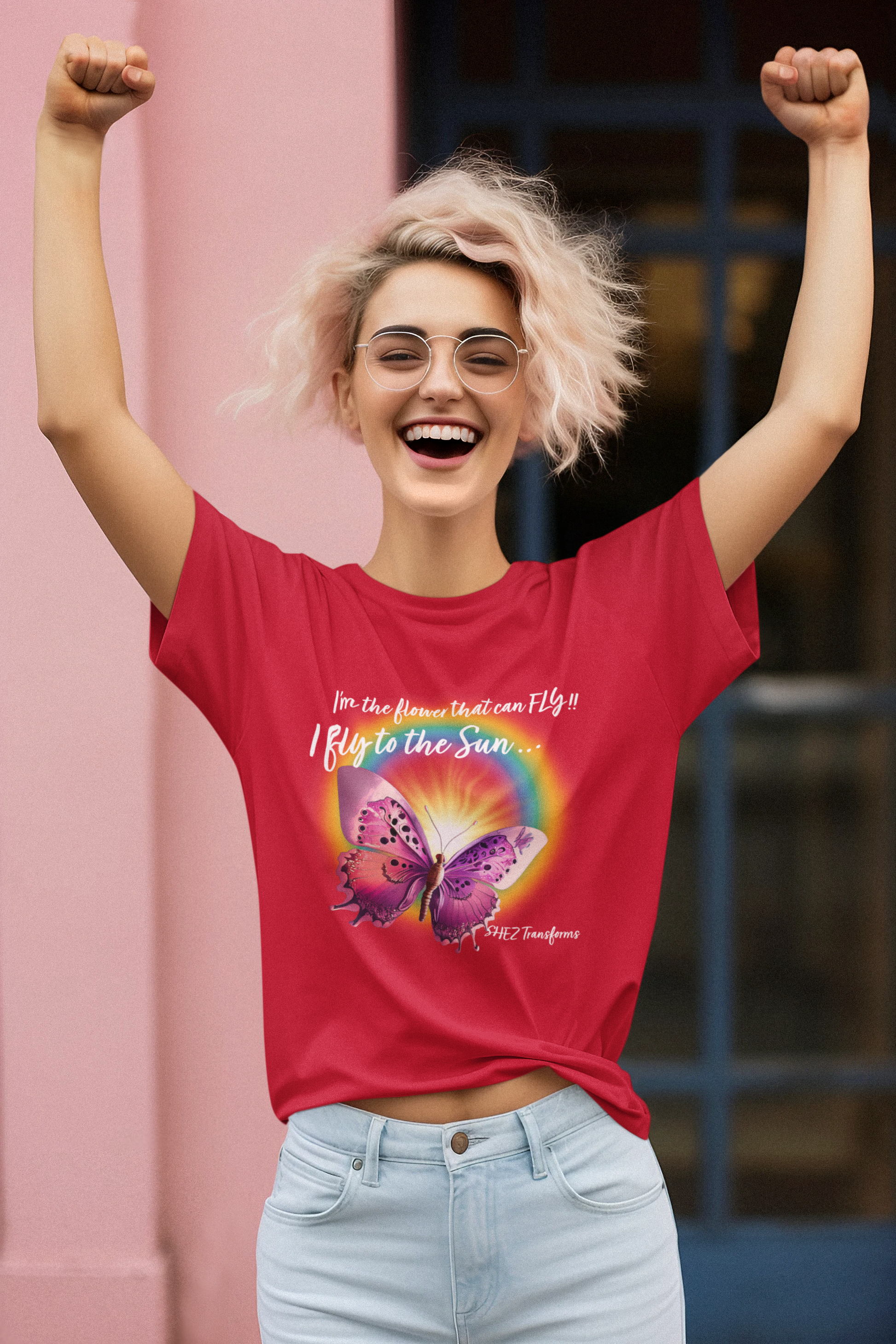Shez Transforms I Fly to the Sun Red  Over sized women Tshirts, Size : S , M, L, XL, 2XL, 3XL, 4XL, 5XL, Smiling Model Front view