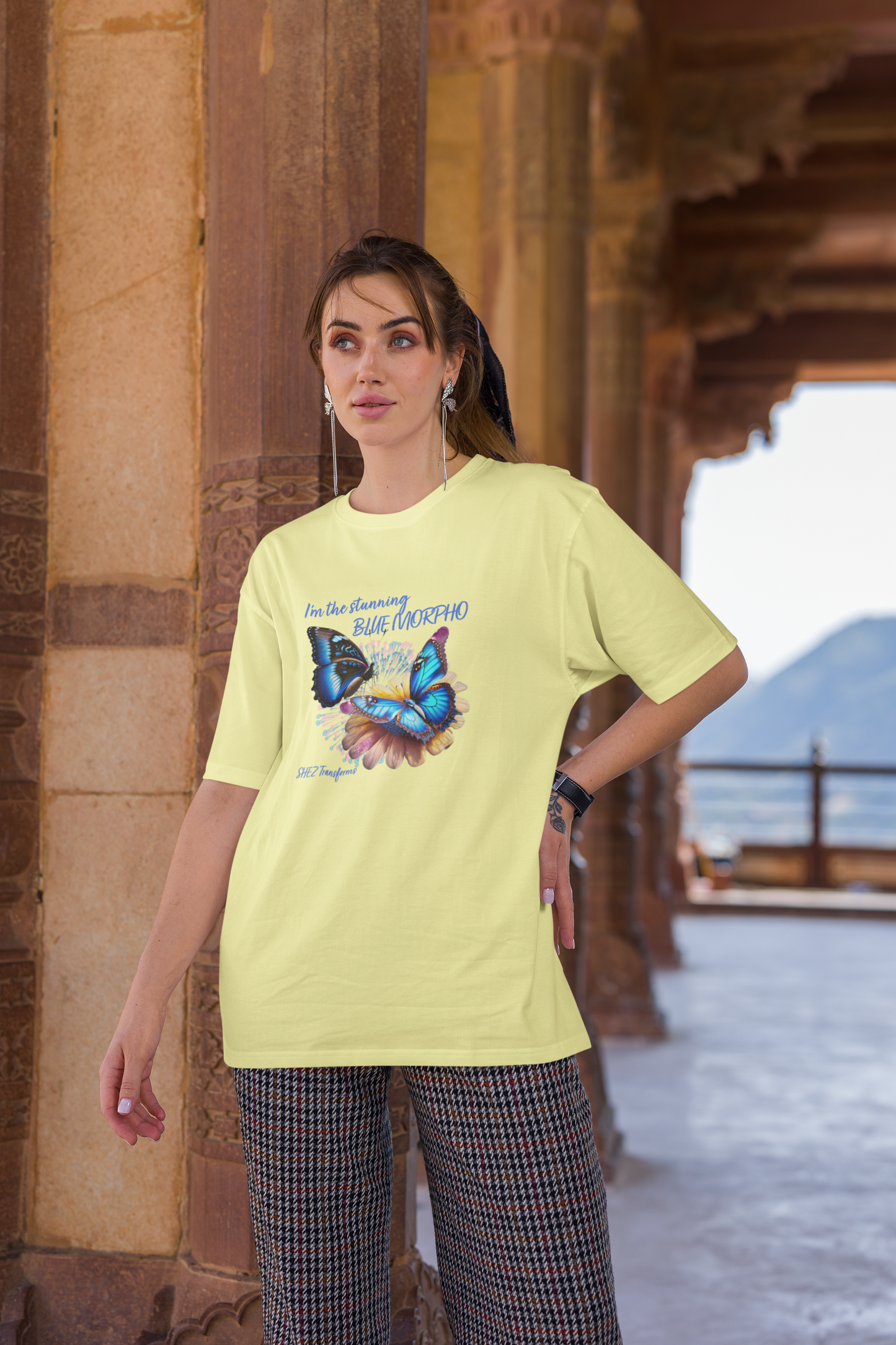 Shez Transforms Blue Morpho Butter Yellow Oversized Women Tshirts, Size : S , M, L, XL, 2XL, 3XL, 4XL, 5XL, Model Standing  View 