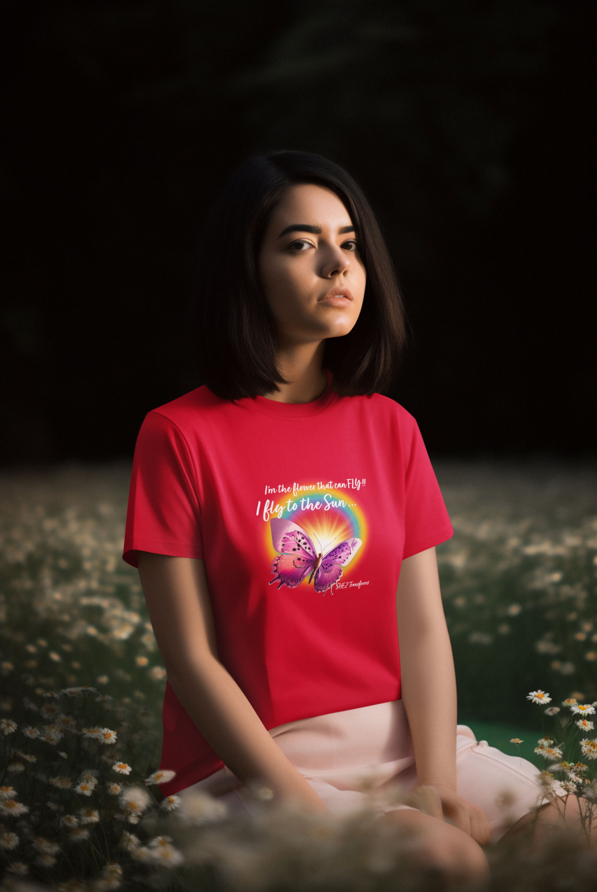 Shez Transforms I Fly to the Sun Red  Over sized women Tshirts, Size : S , M, L, XL, 2XL, 3XL, 4XL, 5XL, Model Sitting view