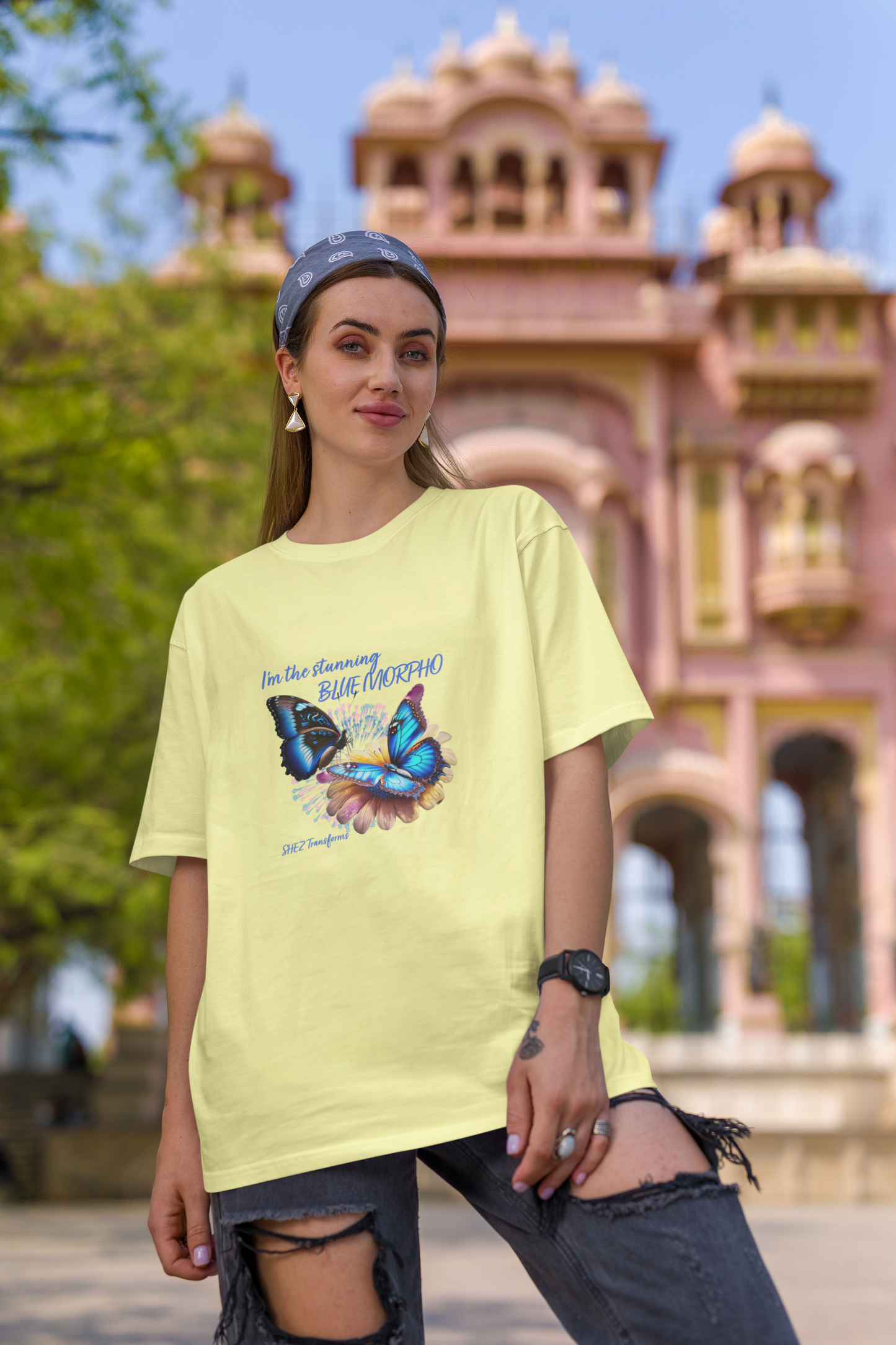 Shez Transforms Blue Morpho Butter Yellow Oversized Women Tshirts, Size : S , M, L, XL, 2XL, 3XL, 4XL, 5XL, Model Pose 2  View 