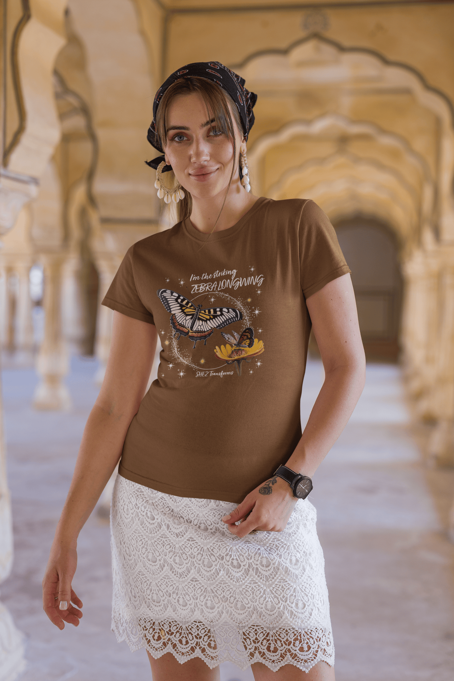 Shez Transforms ZebraLongwing Coffee Brown Oversized women Tshirts & Women Tops, Size : S , M, L, XL, 2XL, 3XL, 4XL, 5XL, Model Front Pose