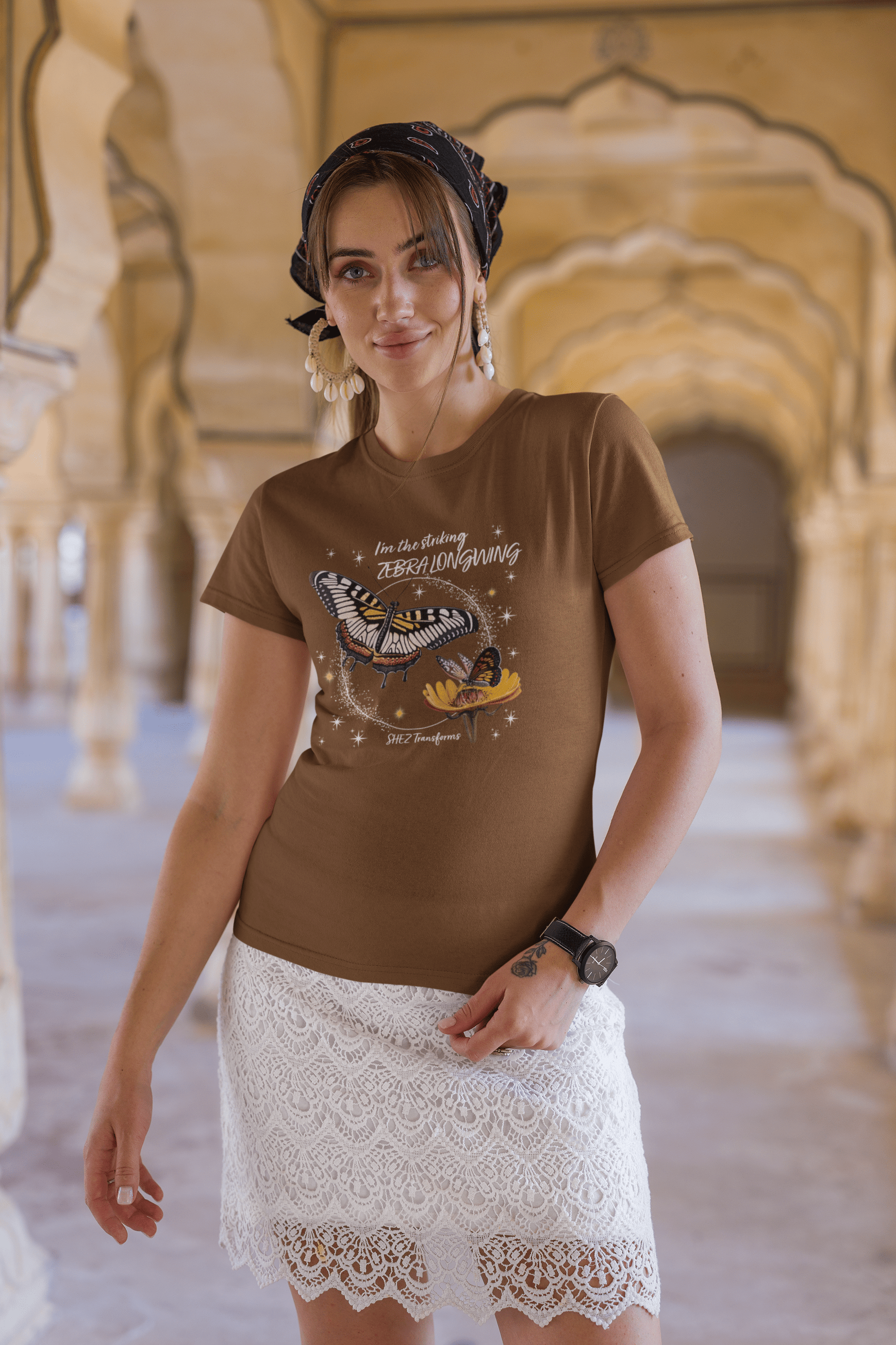Shez Transforms ZebraLongwing Coffee Brown Oversized women Tshirts & Women Tops, Size : S , M, L, XL, 2XL, 3XL, 4XL, 5XL, Model Front Pose