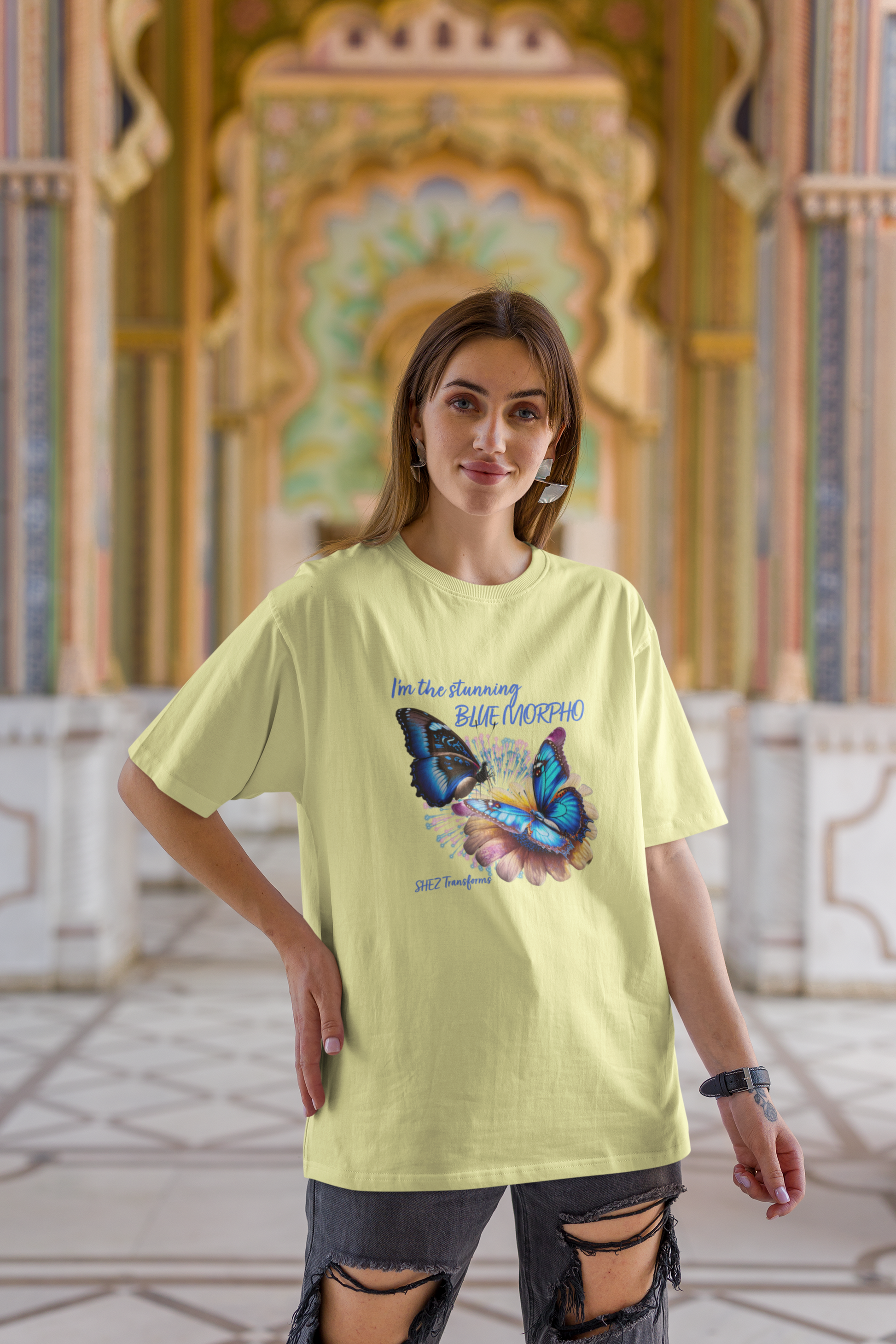 Shez Transforms Blue Morpho Butter Yellow Oversized Women Tshirts, Size : S , M, L, XL, 2XL, 3XL, 4XL, 5XL, Model Pose 3 smiling   View 