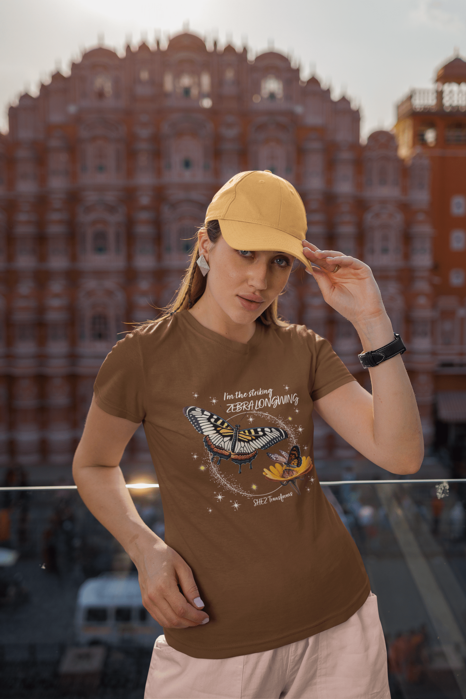 Shez Transforms ZebraLongwing Coffee Brown Oversized women Tshirts & Women Tops, Size : S , M, L, XL, 2XL, 3XL, 4XL, 5XL, Model with Cap Pose