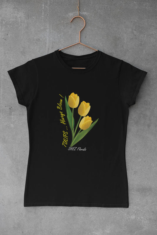 Shez Florals Black T Shirt for Women, Yellow Tulips