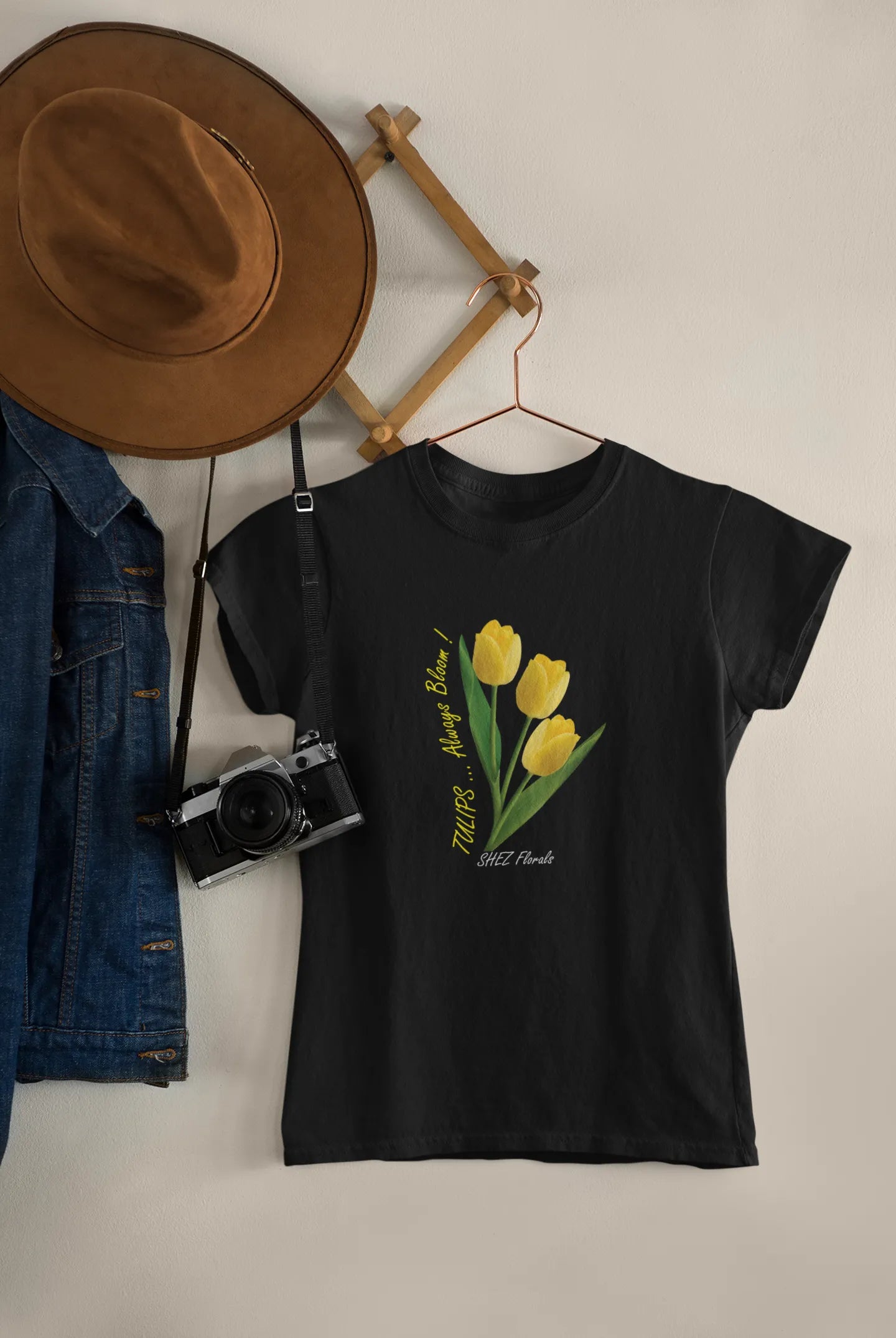 Shez Florals Black T Shirt for Women, Yellow Tulips, T shirt hanging pic