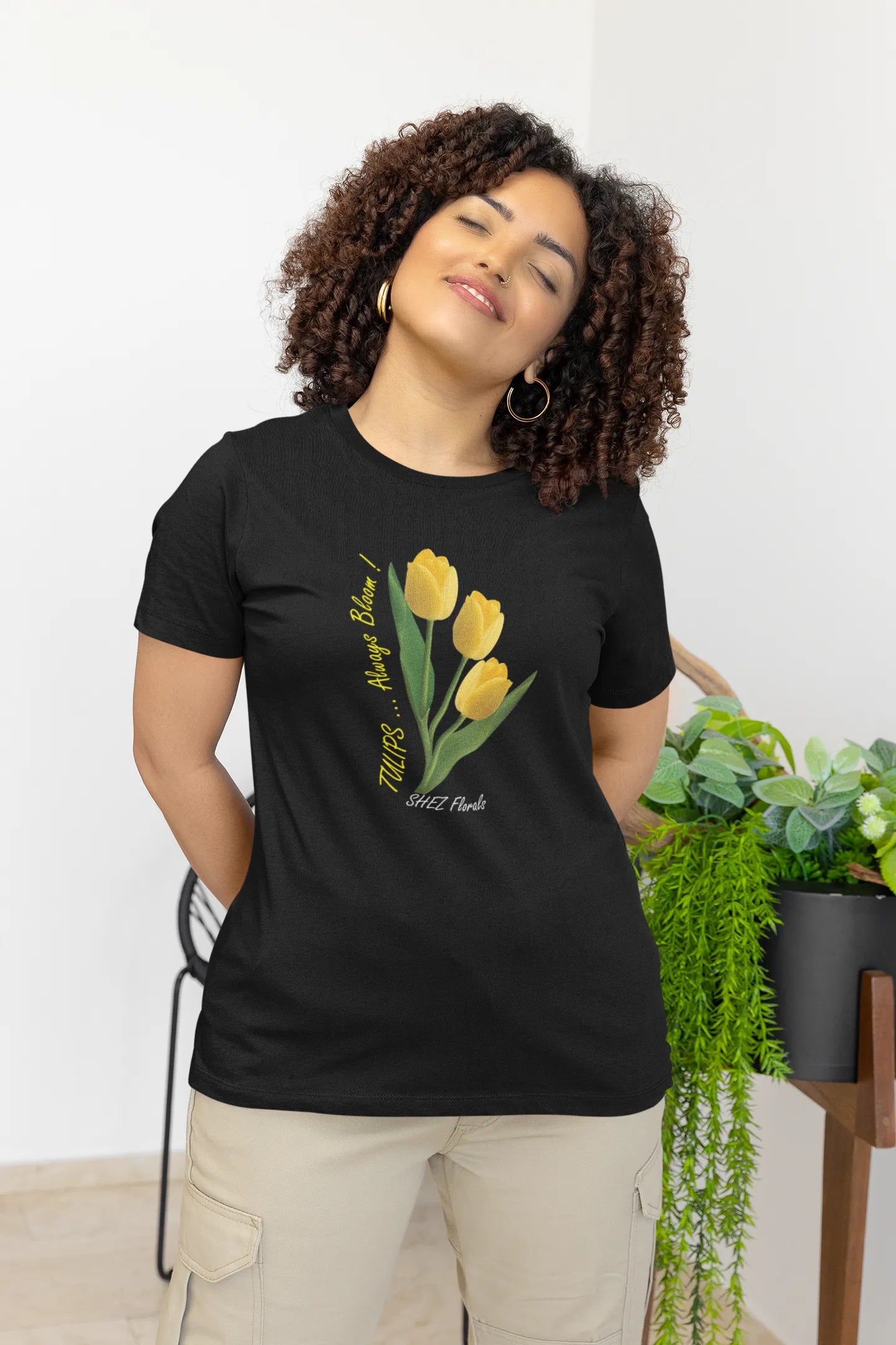 Shez Florals Black T Shirt for Women, Yellow Tulips, naughty woman pic