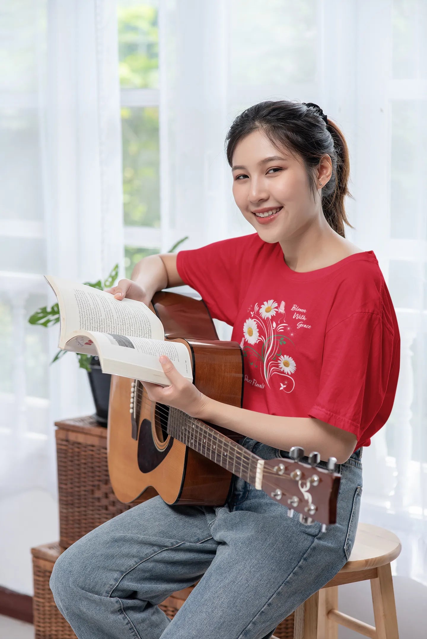 Shez Florals Red T Shirt for Women, Bloom with grace, smiling woman pic