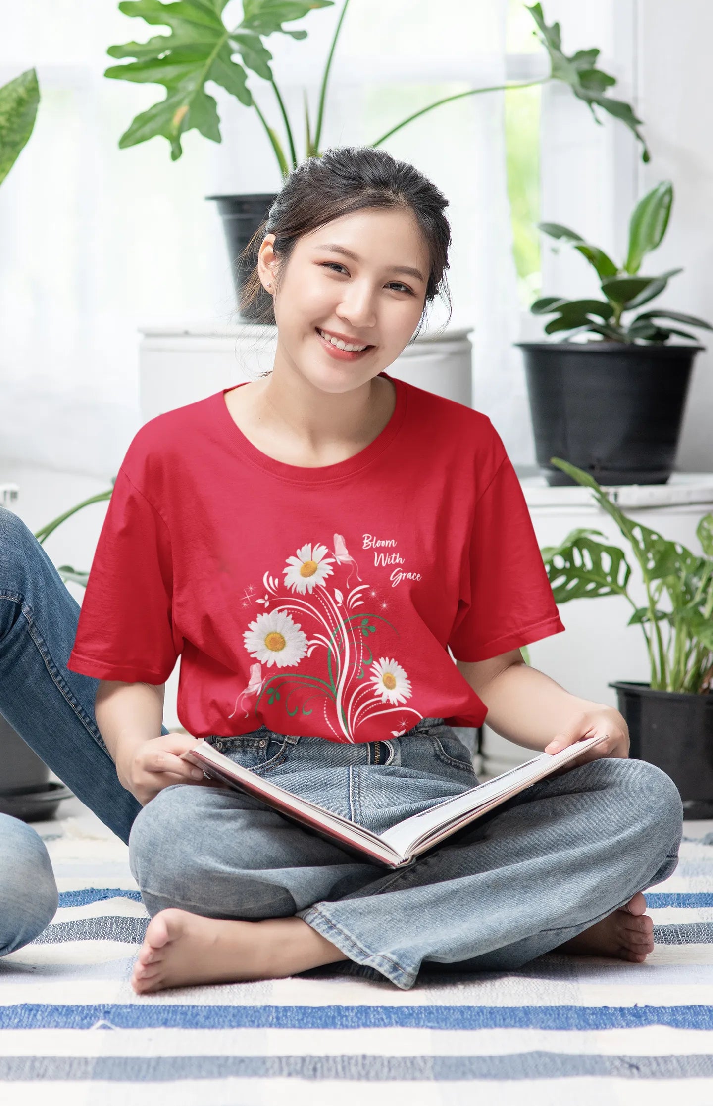 Shez Florals Red T Shirt for Women, Bloom with grace, woman with book pic