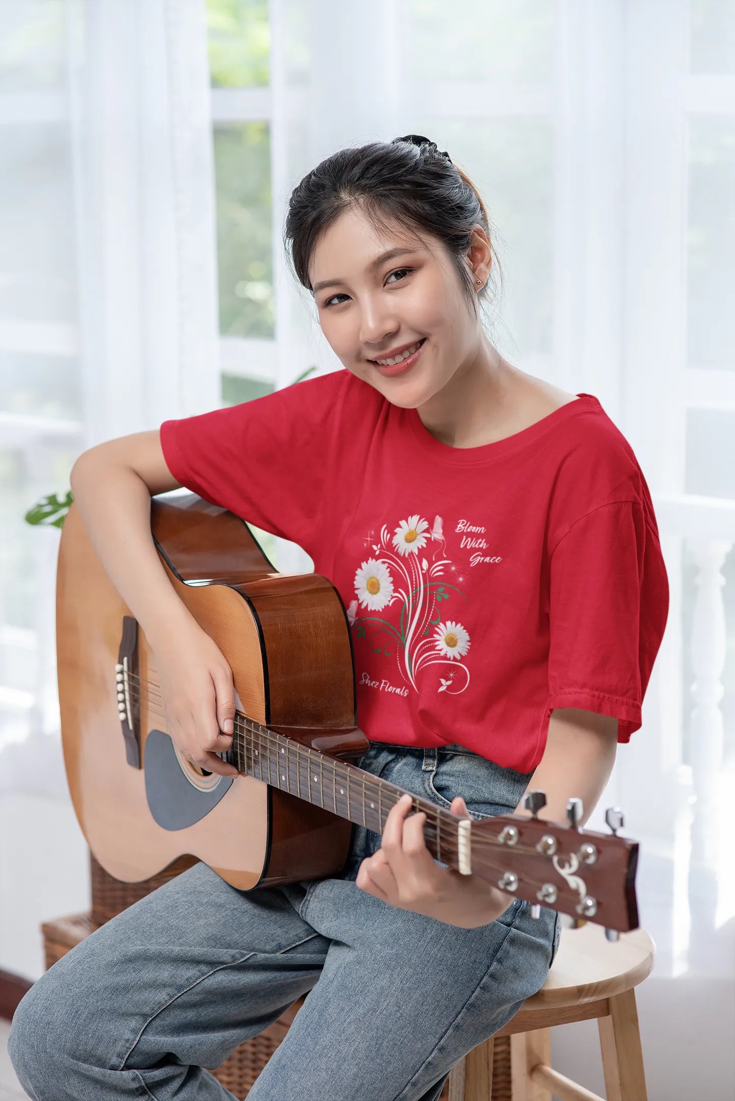 Shez Florals Red T Shirt for Women, Bloom with grace, woman with guitar pic