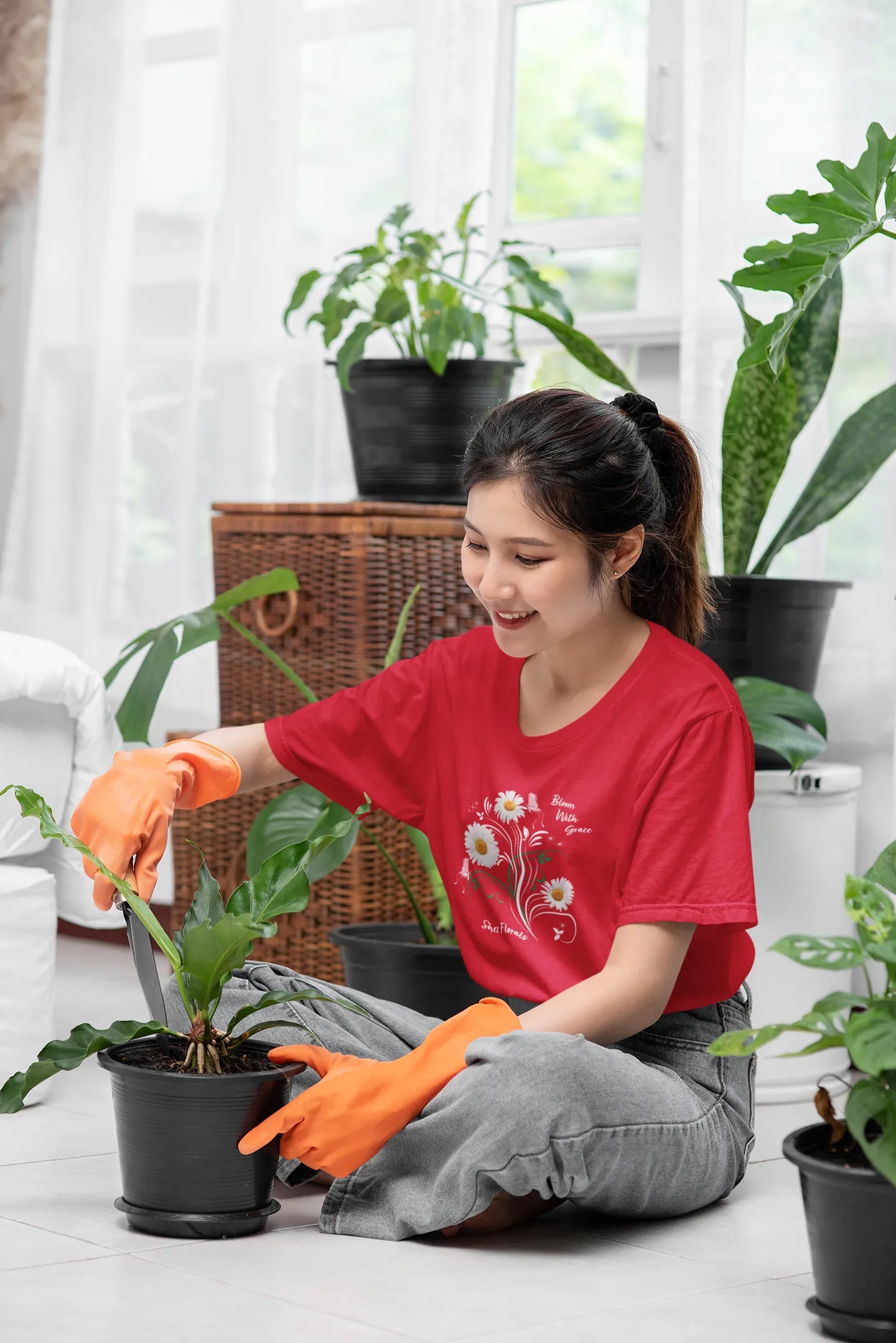 Shez Florals Red T Shirt for Women, Bloom with grace, woman with plant pic